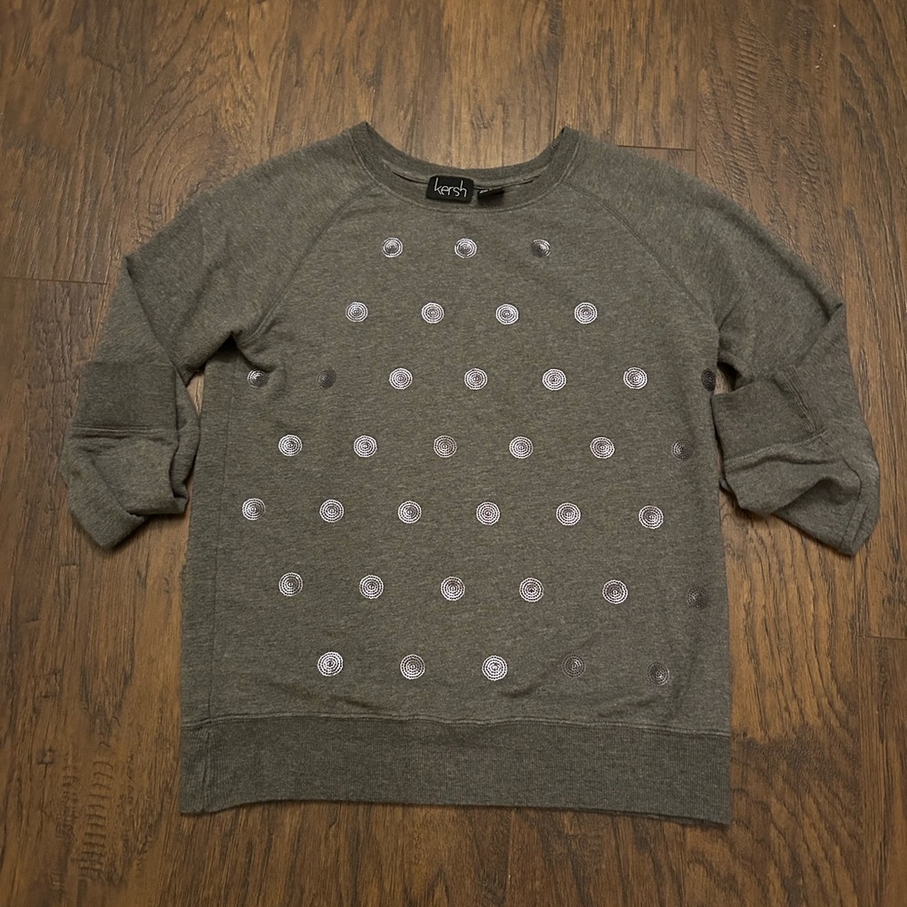 Kersh Charcoal Gray Grey Embellished Sparkle Dot Long Sleeved Top Size Small